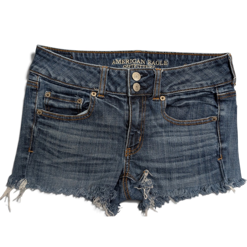 American Eagle Womens Artist Shorts Sz 6 Stretch Cutoff Raw Hem Blue Denim